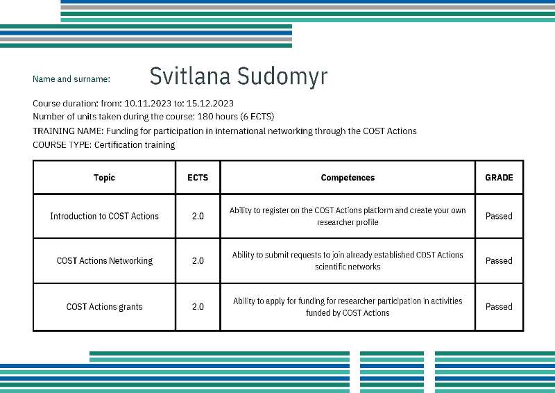COST training Estonia Svitlana Sudomyr 2